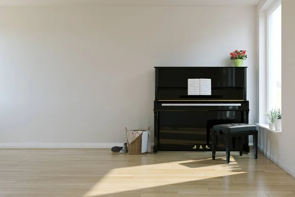 Piyano odasının içi İskandinav tarzında. İç mekan modeli. 3d Görüntü.