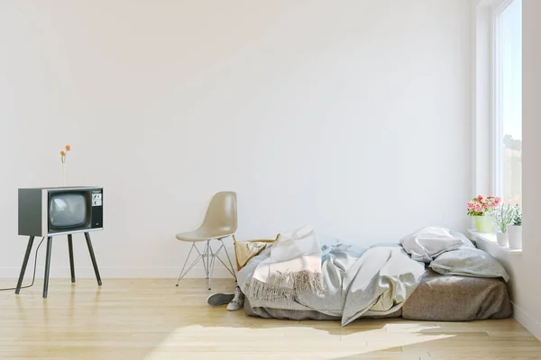 Eski Televizyonlu Skandinav Tarzı Yatak Odası Mekan Modeli Görüntü — Stok fotoğraf