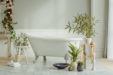 Tencere taze yeşil bitkiler ile Vintage Beyaz banyo 