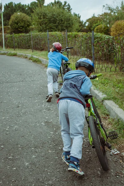 Baba ve çocuklar eğleniyor doğa bir bisiklet sürme