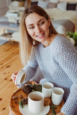 Noel zencefilli kurabiye ve fincan sıcak kakao ile tutan kadın