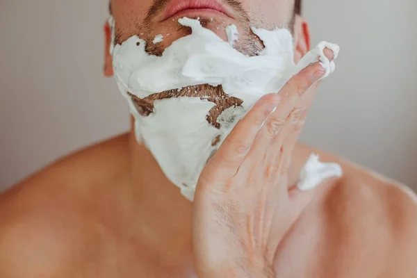 Hand Applies Shaving Cream Cheek Closeup — Stock Photo, Image