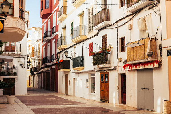 Typical house facades in Ibiza Town, Spain