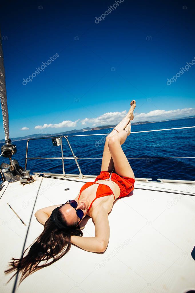Attractive Woman Bikini Having Sunbath Yacht