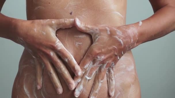 Beautiful Young Woman Taking Shower Washing His Body Soap — Stock Video