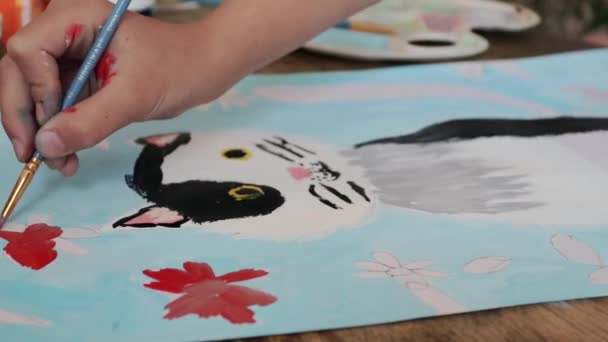 Little Boy Drawing White Paper Sitting Table Home Having Fun — Stock Video