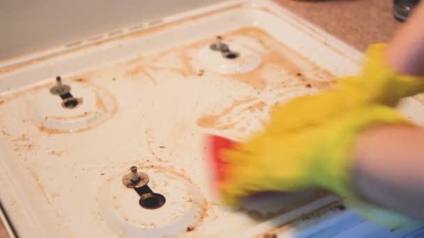 Kadın kirli bir gaz sobası yıkar — Stok video