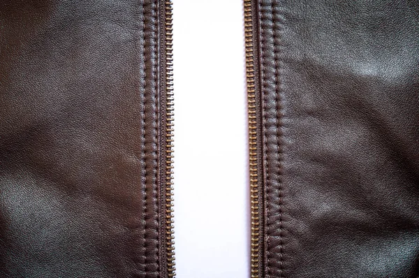 Eine Braune Lederjacke Mit Reißverschluss Weit Offen — Stockfoto