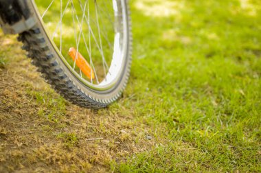 Lastik jant teli ile döngüsünün yeşil çimenlerin üzerinde park etmiş..