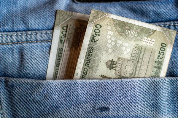 Indian Currency 500 Notes Pocket Jeans — Stock Photo, Image