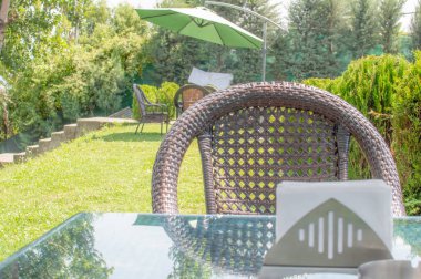 Bir sandalye bir masa ve doku gür yeşil bitkiler ile bir kafede cam masada