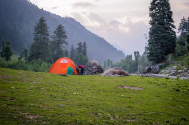 Keşmir Himalaya bölgesinde kamp için ayarladığınız bir turuncu renkli çadırına giren bir kişi
