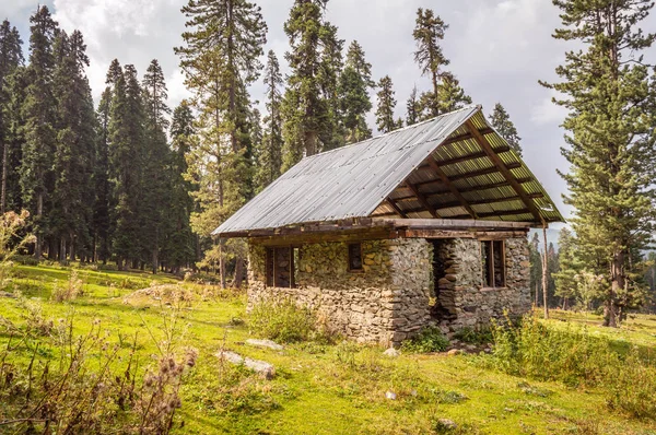 Vista Oblicua Una Casa Mampostería Piedra Con Techo Inclinado Bosque — Foto de Stock