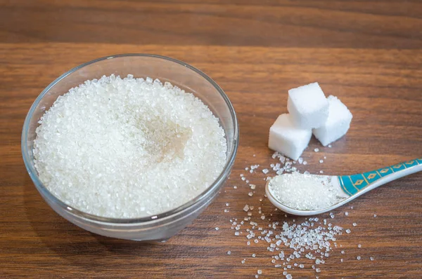 Sucre Blanc Conservé Dans Bol Verre Avec Une Cuillère Quelques — Photo