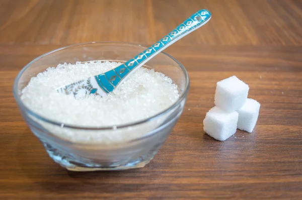 Sucre Blanc Conservé Dans Bol Verre Avec Une Cuillère Quelques — Photo