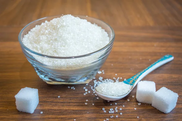 Sucre Blanc Conservé Dans Bol Verre Avec Une Cuillère Quelques — Photo