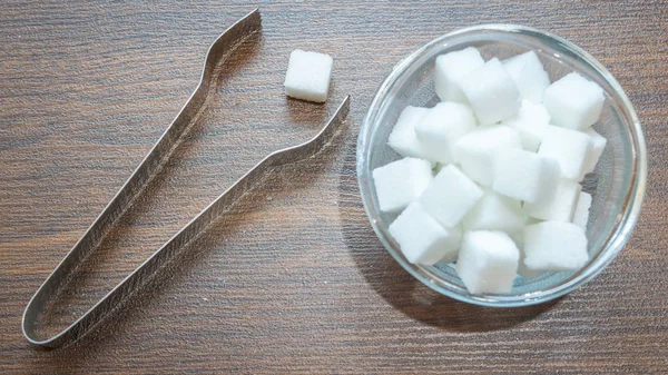 Vue Dessus Des Cubes Sucre Dans Bol Verre Avec Une — Photo