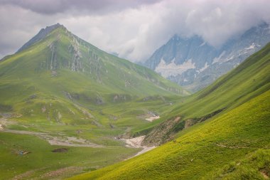 Himalayalar'ın yükseklerinde yeşil çayır manzarası var. Keşmir'deki Büyük Göl Yürüyüşü. Gangabal Gölü civarındadağlar