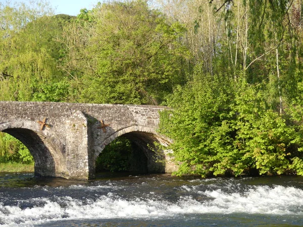 Bir Ortaçağ taş köprü nehir Exe Bickleigh Köyü, Devon, İngiltere, İngiltere'de geçiş — Stok fotoğraf