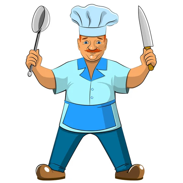 Der Koch Mit Dem Messer Und Dem Großen Löffel Auf — Stockvektor