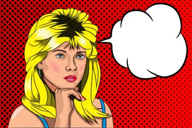 Güzel, Genç bir kız uzakta bakıp bir şeyler düşünür. Pop sanat tarzı bir konuşma balonu ile vektör görüntü.