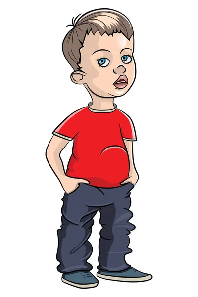 A little boy holds his hands in his pockets — Stock Vector