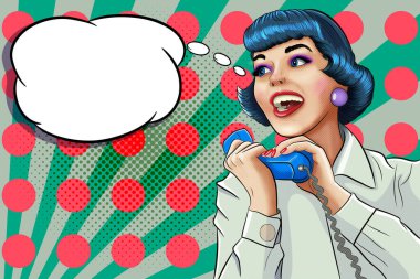 Genç bir kadın telefonda konuşuyor. Konuşma baloncuklu pop sanat retro illüstrasyonu