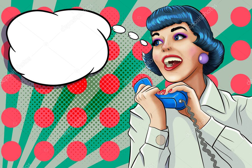 Young woman talking on the phone. Pop art retro illustration with speech bubble