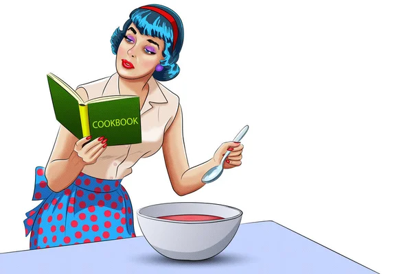 Jonge Vrouw Bereidt Eten Jam Leest Een Kookboek Illustratie Pop — Stockfoto