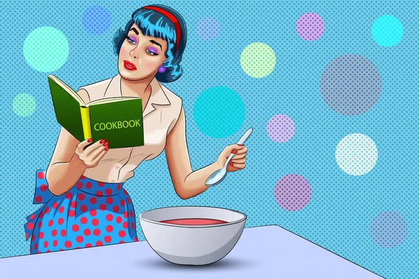 Jonge Vrouw Bereidt Eten Jam Leest Een Kookboek Popart Illustratie — Stockfoto