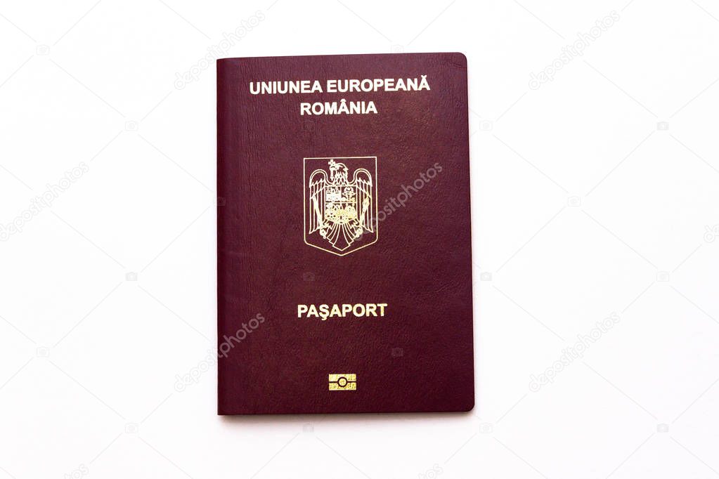 Romanian red passport isolated on white background