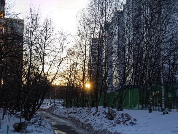 The setting sun in the Moscow court yard in the winter — Stock Photo, Image