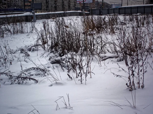 Övergiven byggarbetsplats i snön i vinter — Stockfoto