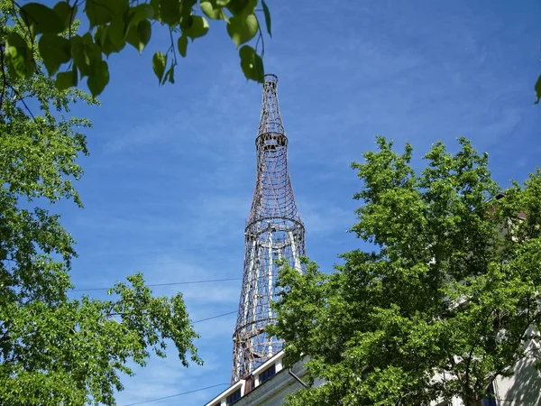 TV tower stands behind birch tree in summer