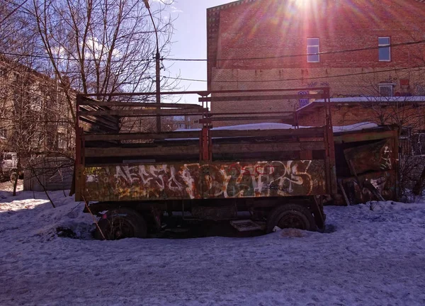 Zona Industrial Abandonada Uma Pequena Cidade Inverno Rússia — Fotografia de Stock