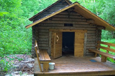 sonbaharda ormanda eski ahşap yazı tipi, Rusya