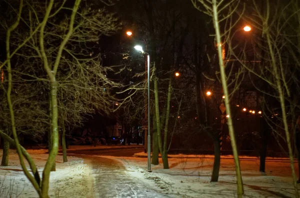 Aleja Latarniami Nocy Zimie Moskwa — Zdjęcie stockowe