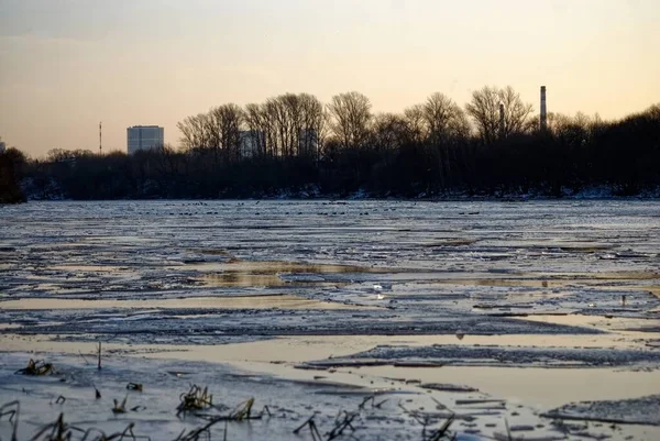 ice melts on the river at dawn, Moscow