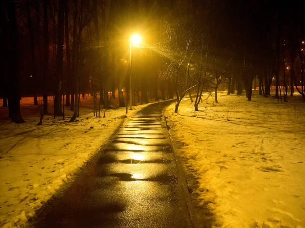 Camino Pavimentado Por Luz Una Linterna Noche Invierno Moscú — Foto de Stock