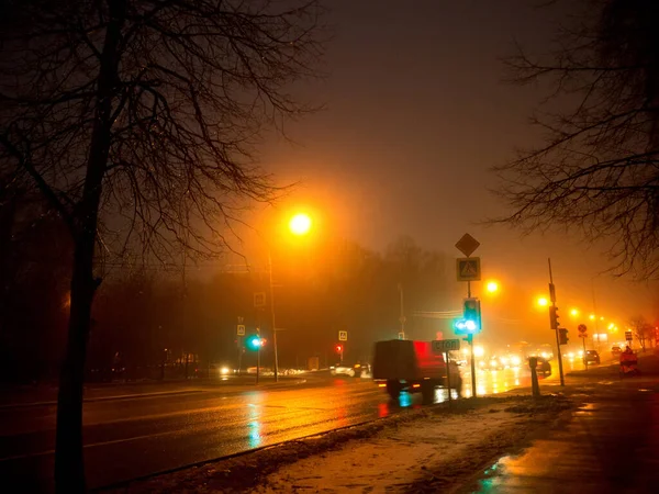 Intersección Con Semáforos Invierno Por Noche Moscú — Foto de Stock