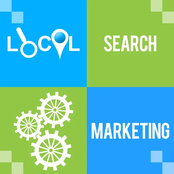 青い背景にテキストと関連シンボルのコンセプト イメージをマーケティング ローカル検索 — ストック写真