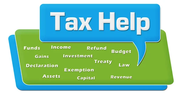 Texto Ajuda Fiscal Com Wordcloud Relacionado Sobre Fundo Azul — Fotografia de Stock