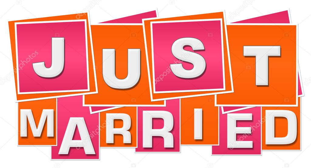 Just married text written over pink orange background.