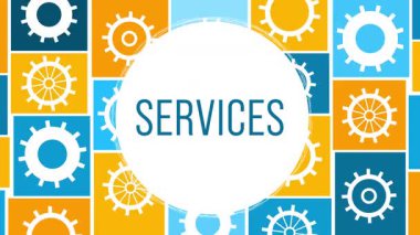 Mavi turuncu kareler üzerinde dönen metin ve dişliler ile servis konsepti animasyonuName.