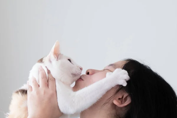 아시아 여성이 고양이를 키스하는 장면을 사진은 공간이 있습니다 — 스톡 사진