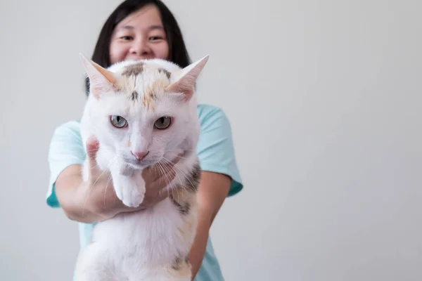 Mujer Asiática Sosteniendo Gato Delante Una Cámara Esta Imagen Tiene —  Fotos de Stock