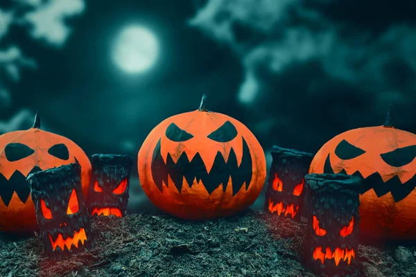 Három Halloween Tök Szörny Gyertyák Halloween Éjszaka — Stock Fotó