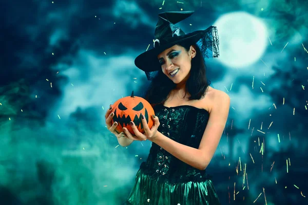 Beautiful Witch Carrying Pumpkin Full Moon Night Witch Night Green — Stock Photo, Image