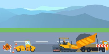 Road construction and road repair banner. Asphalt compactor road under construction repair road signs. Vector illustration clipart