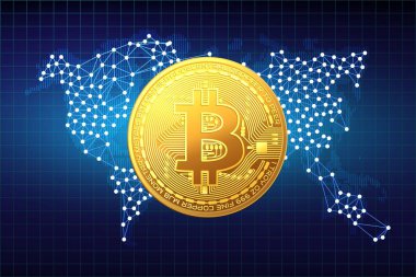 Altın bitcoin sikke arka plan harita üzerinde. Vektör çizim
